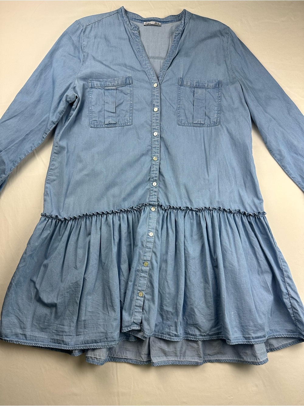 Dex Denim Ruffle Chambray Dress Mini Tencel Boho Blue Summer Tiered Western XL
